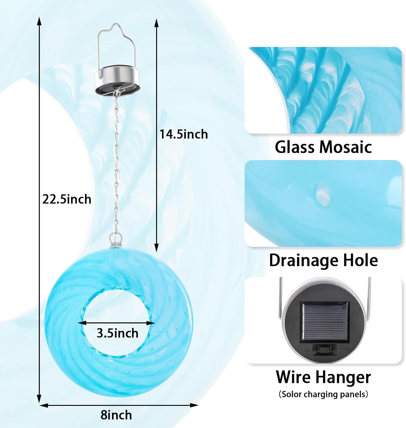 Bird Feeder Fly Through Bird Feeders for Outside Hanging with Round Shape Glass Container Solar Wild Birds Feeder for Garden Decor, 8-Inch (Cyan)