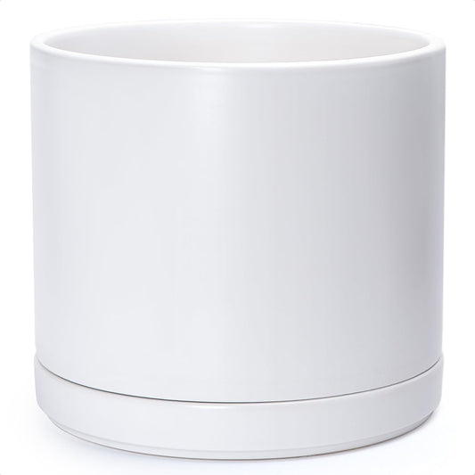 D'vine Dev 14 Inch Ceramic Planter Pot with Drainage Hole and Saucer, Indoor Cylinder Round Planter Pot, White, 94-O-G-1