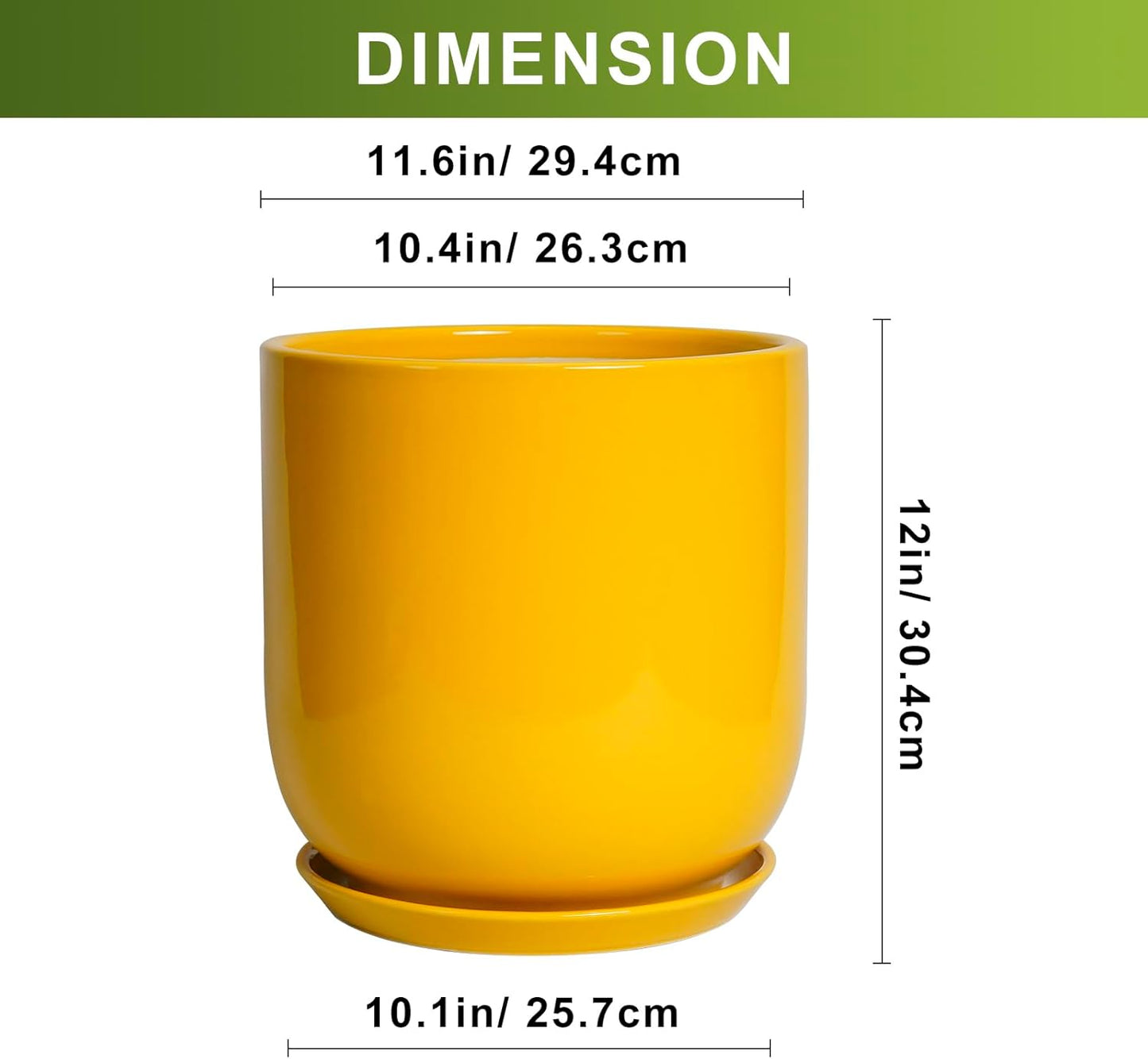 12 Inch Pots for Plants - Ceramic Planter for Outdoor Plants Large Plant Pot Indoor with Drainage Hole Modern Flower Pot for Home Patio Office Decor Yellow