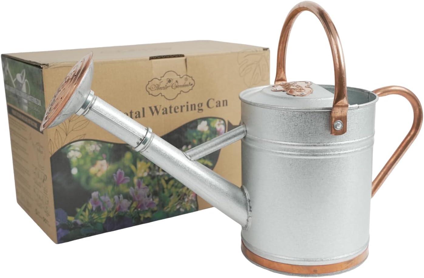 1 Gallon Galvalume Metal Watering Can with Solid Brass Sprout, Handle & Base Trim - Genuine Forged Copper Joints for Indoor/Outdoor Plants, Garden, Balcony for Kids and Adults (Stardust & Vermilion)