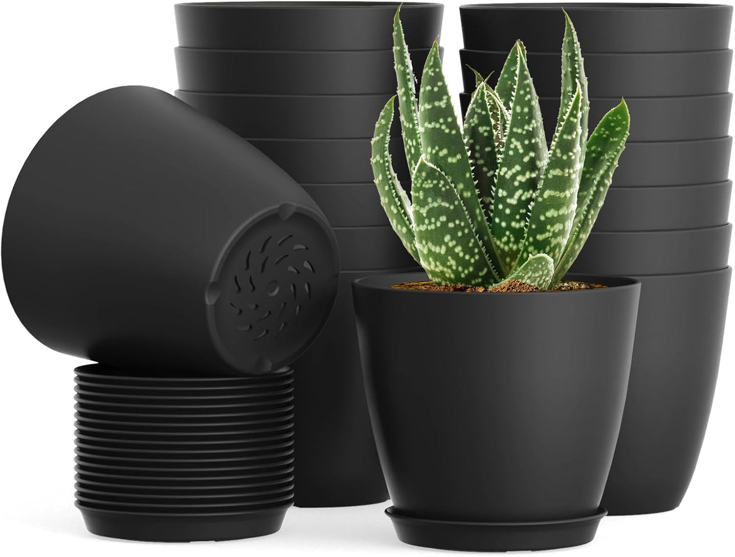 16 Pack 4 Inch Plant Pots with Drainage Holes and Saucers, Pots for Plant Indoor, Plastic Planters for Succulents and Small Plants, Black