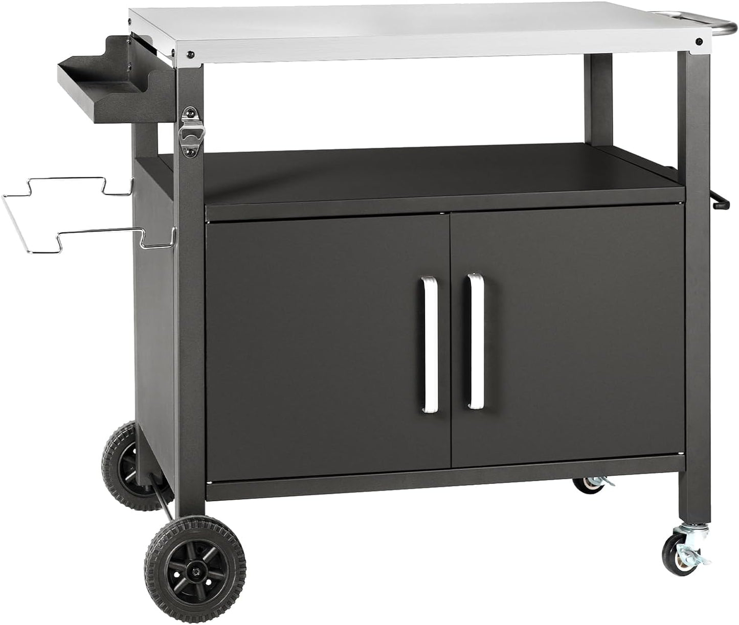 Dining Cart Table with Big Storage Cabinet, Movable Outdoor BBQ Grill Table Pizza Oven Stand, Kitchen Cart Island Multifunctional Food Prep for Inside and Outside