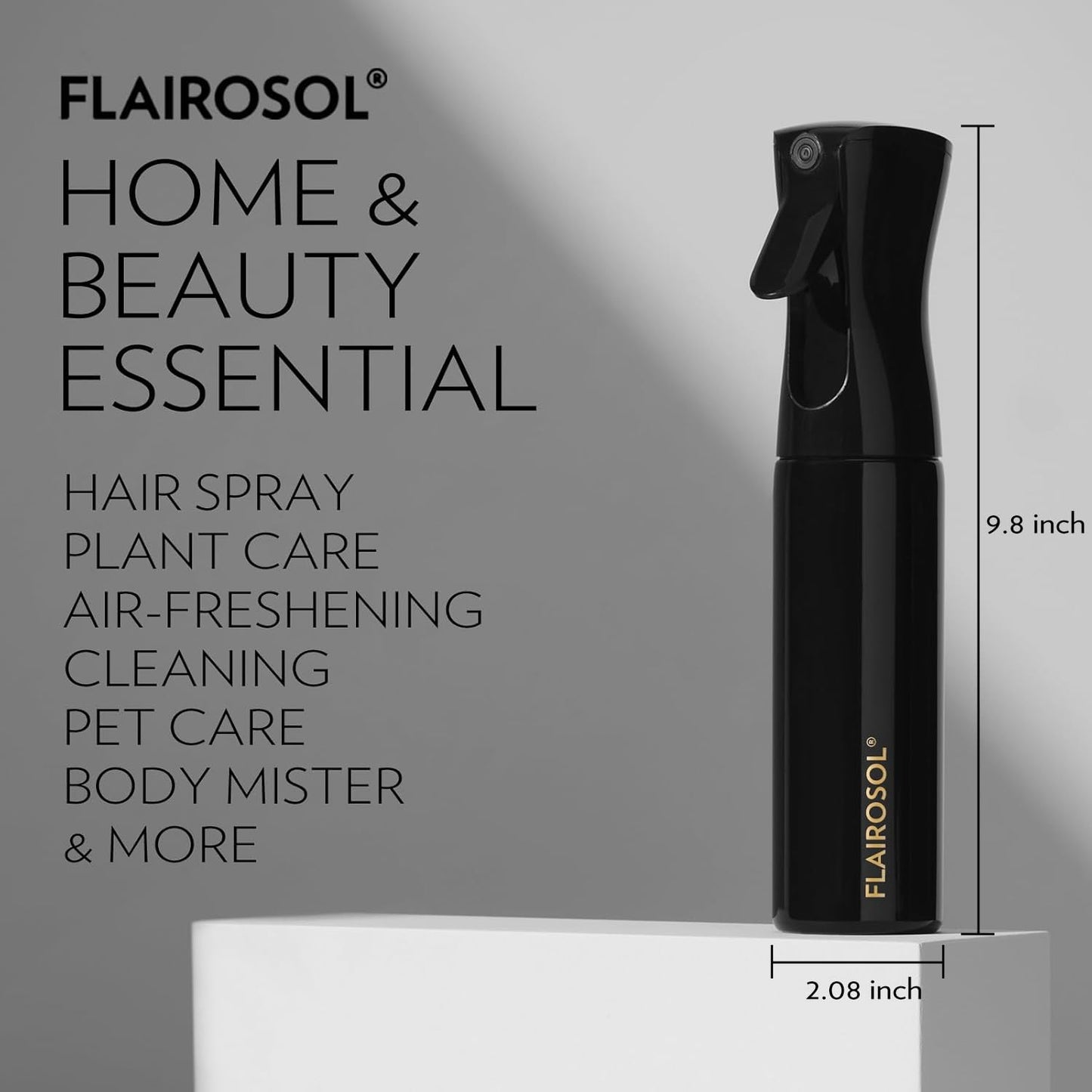 FLAIROSOL Spray Bottle for Hair, Continuous Spray Bottle with 0.3MM Ultra Fine Mist, Water Mister for Hairstyling, Cleaning, Plants, Pets, 10.1oz/300ml, Black Bottle, Gold Print