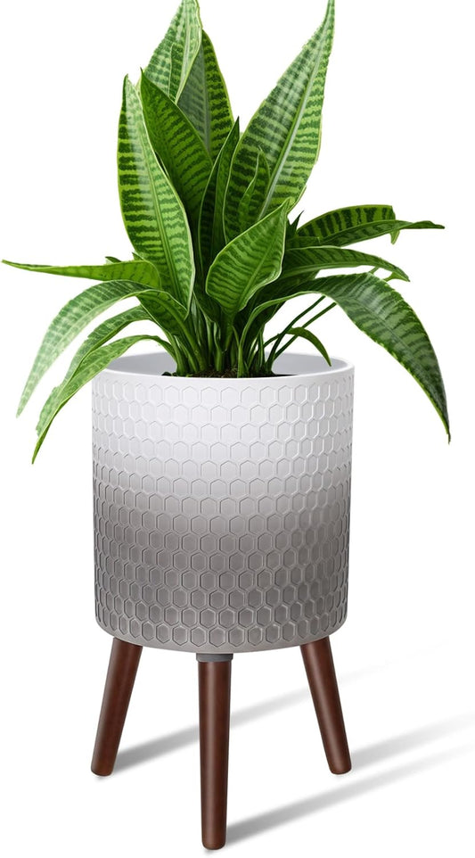 12 Inches Indoor Plant Pot with Walnut Color Stand Honeycomb Embossed Flower Pot with Drainage Holes Large Modern Planters for Indoor Plants-Gradient White Gray