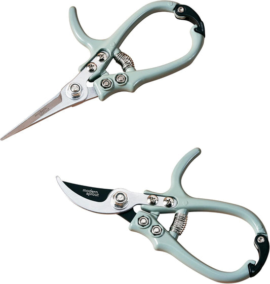 Modern Sprout Hand Pruners & Shears Set - Lightweight Gardening Tools W/Easy Lock - Sharp Carbon Steel Blades -Rust Resistant Scissors for Herbs, Flowers - Reusable Holster - Sage