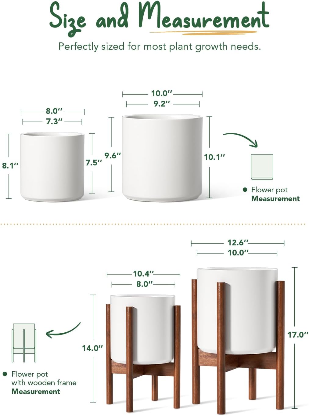 LE TAUCI Indoor Planter with Stand, 10 + 8 Inch, Set of 2, Ceramic Pot for Indoor Plants with Acacia Wood Holder, Mid-Century Modern Home Decor, Round Flower Pots with Drainage Hole, White