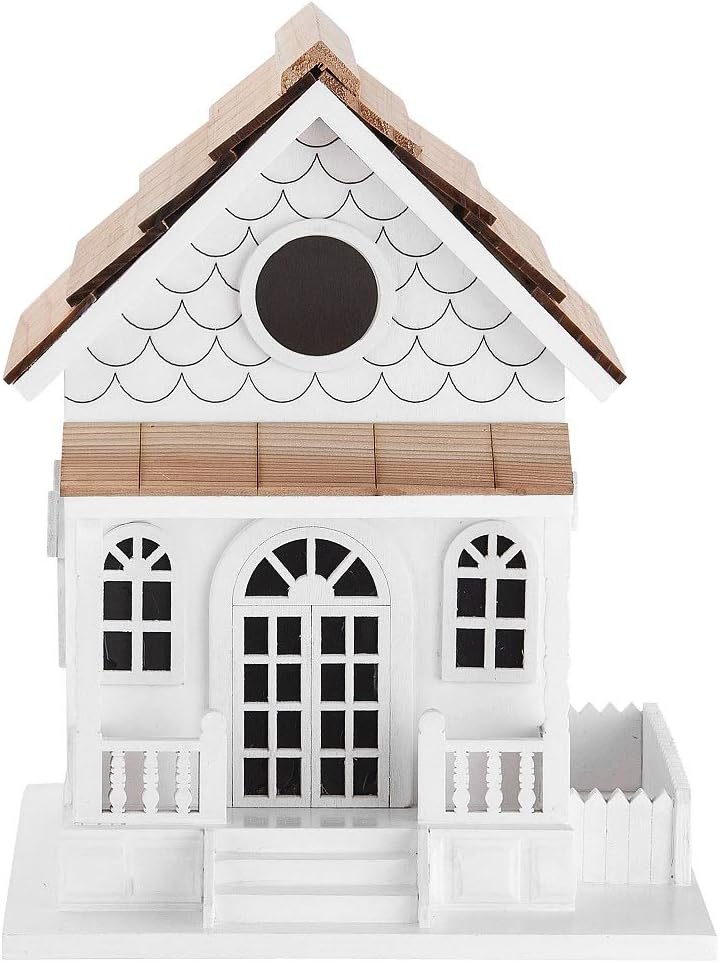 Decorative Wooden Birdhouse for Outdoor Hanging – Handcrafted Miniature Cottage Style with Blue Roof, Front Porch, and Balcony – Garden or Backyard Décor for Wild Birds (Country Colonial)