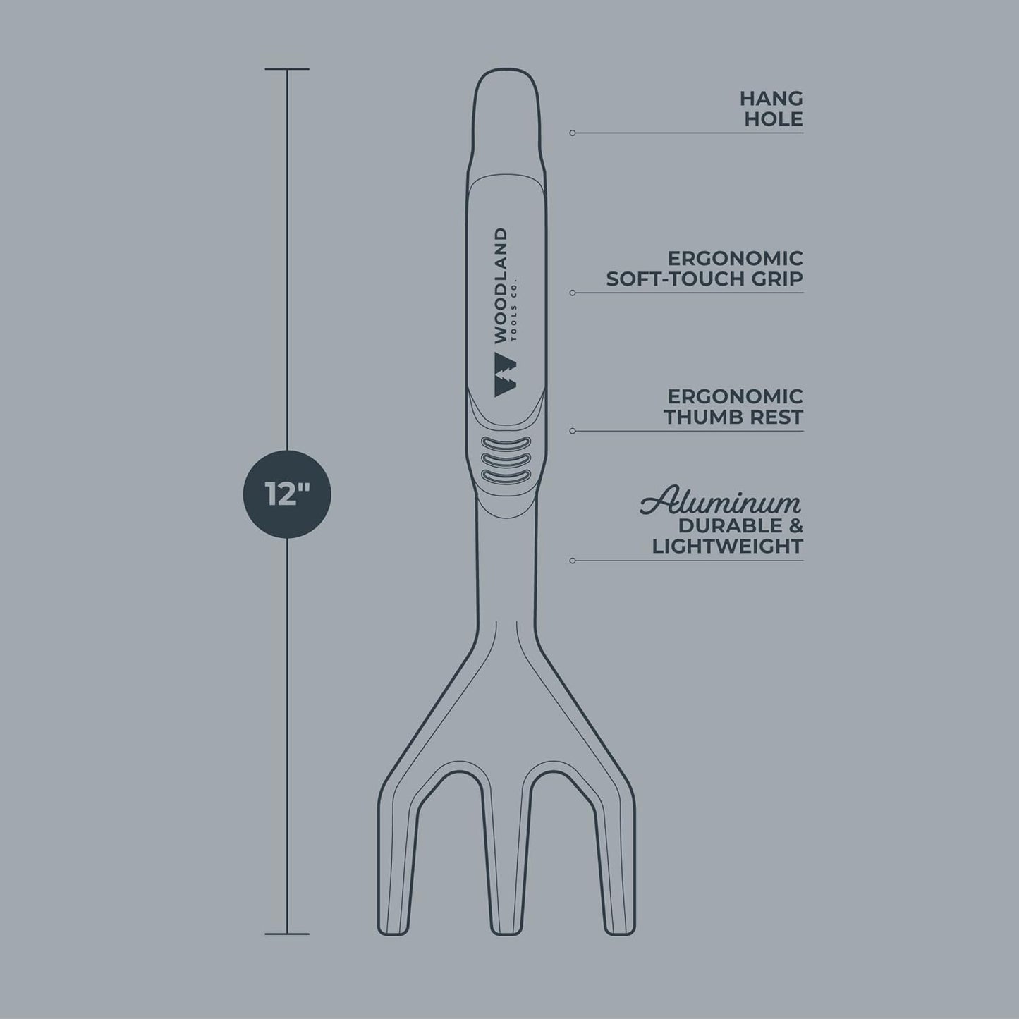 Woodland Tools Heavy Duty Hand Cultivator, 3-Prong Garden Claw Tiller Tool with Anodized Aluminum Head and Soft Ergonomic Grip, Manual Soil Cultivator for Weeding, Digging, and Breaking Up Dirt