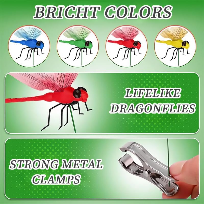 Indoor & Outdoor Fake Dragonfly Rod Clip, Dragonfly Clip Bug, 3D Artificial Dragonfly Hat Clips, Simulated Patio Decor Gardening, Multicolor Waterproof, Easy Attachment (8 Pcs)