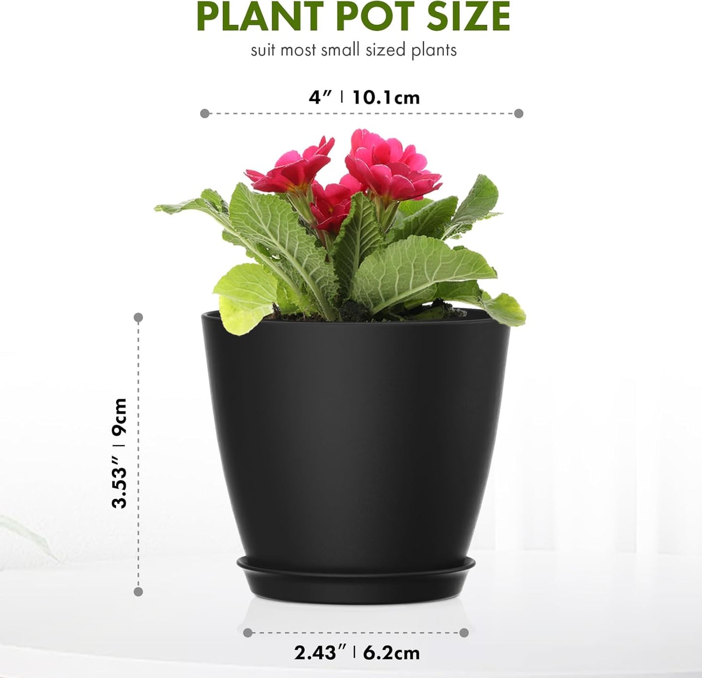 8 Pack 4 Inch Plant Pots with Drainage Holes and Saucers, Pots for Plant Indoor, Plastic Planters for Succulents and Small Plants, Black