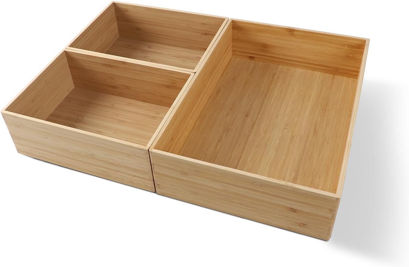 3-Piece Large Bamboo Storage Box Set, 3.1 in High Stackable Deep-Drawer Organizer for Kitchen Cutlery, Cookware, Utensils & Knives, Exquisite Durable Lidless Wooden Bin (14.6"x10.2"*1+10.2"x7.3"*2)