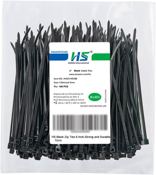 HS 6 Inch Zip Ties Black 18 Lbs Tensile Strength Thin Straps (100 Pack) Nylon PA66 UV Resistant,Self-Locking Small Electrical Plastic Cable Wire Zipties for Outdoor Indoor Use,Multi Purpose