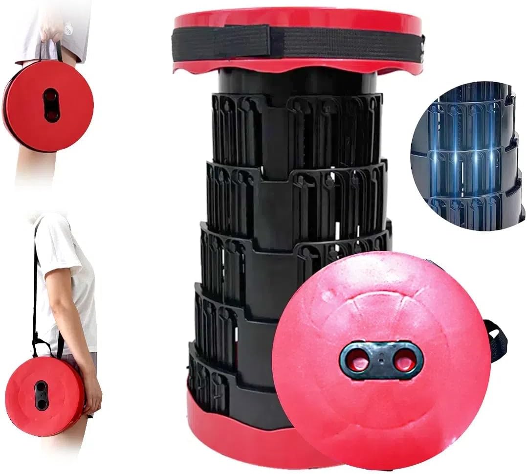 Portable Collapsible Stool - 4 Pillars Large Weight Capacity Travel-Friendly Folding Stool, Easy to Use Lightweight Telescoping Seat for Outdoor Activities, Camping & Hiking (Red)