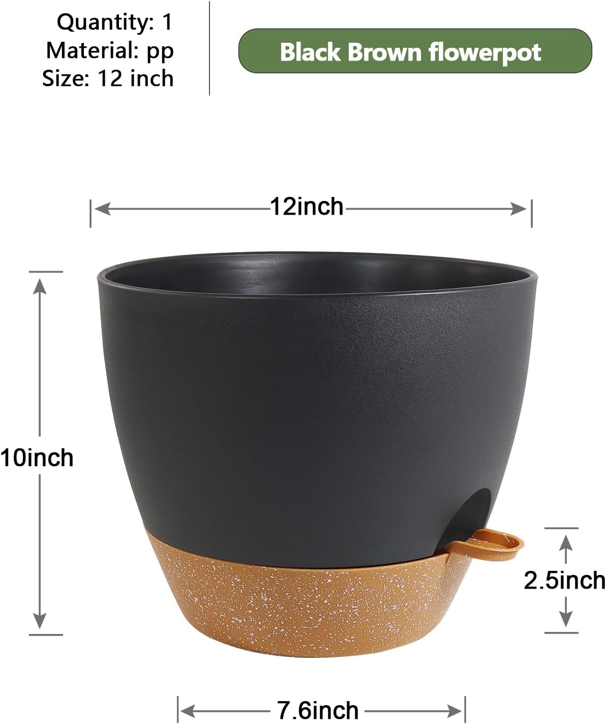 12 inch Large Self Watering Pots, Flower Plant Pots with Drainage Holes for Indoor Outdoor Garden Plants, Plastic Planters with Removable Deep Reservoir, Black with Brown