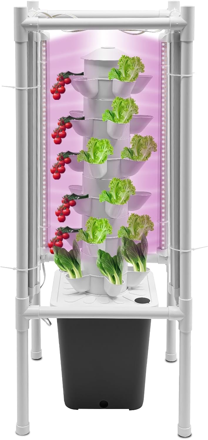 Hydroponics Tower Garden Vertical Growing System Kit, 30-Plant Indoor Gardening Planter Germination Kit with LED Grow Light & Water Pump for Herbs & Vegetables, 2.64Gal Grey Water Tank