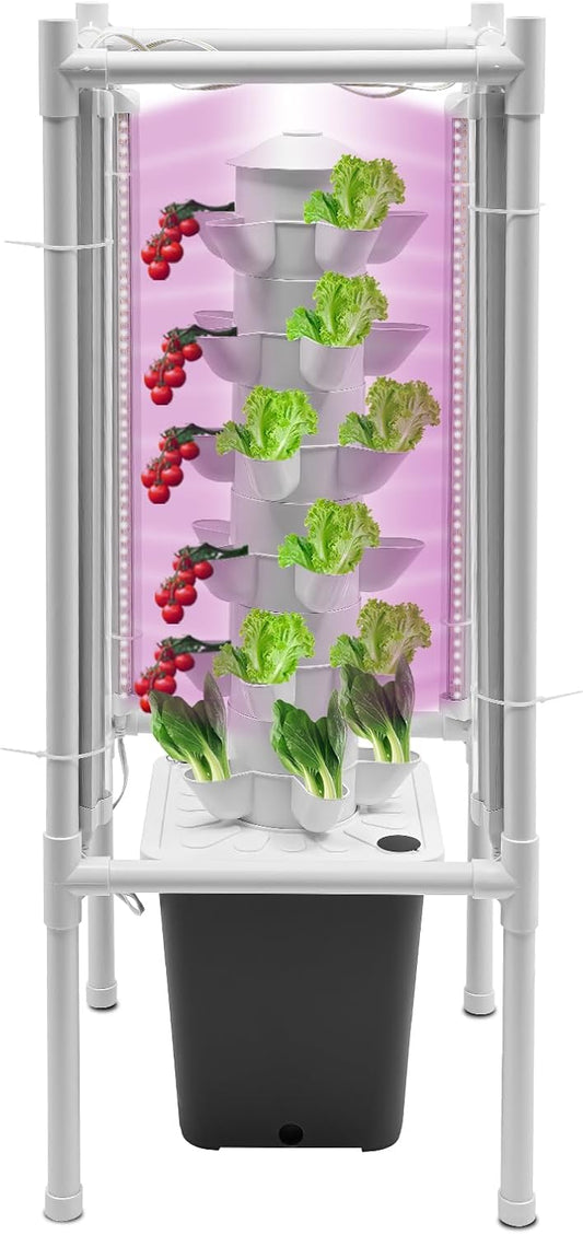 Hydroponics Tower Garden Vertical Growing System Kit, 30-Plant Indoor Gardening Planter Germination Kit with LED Grow Light & Water Pump for Herbs & Vegetables, 2.64Gal Grey Water Tank
