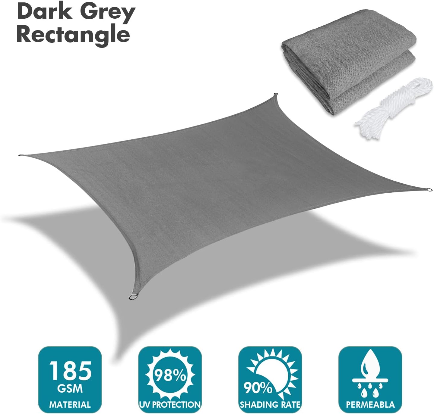 KANAGAWA 14'X15' Dark Gray Custom Size Sun Shade Sail Rectangle UV Block Canopy Cover for Patio Backyard Lawn Garden Outdoor (Customized Available)