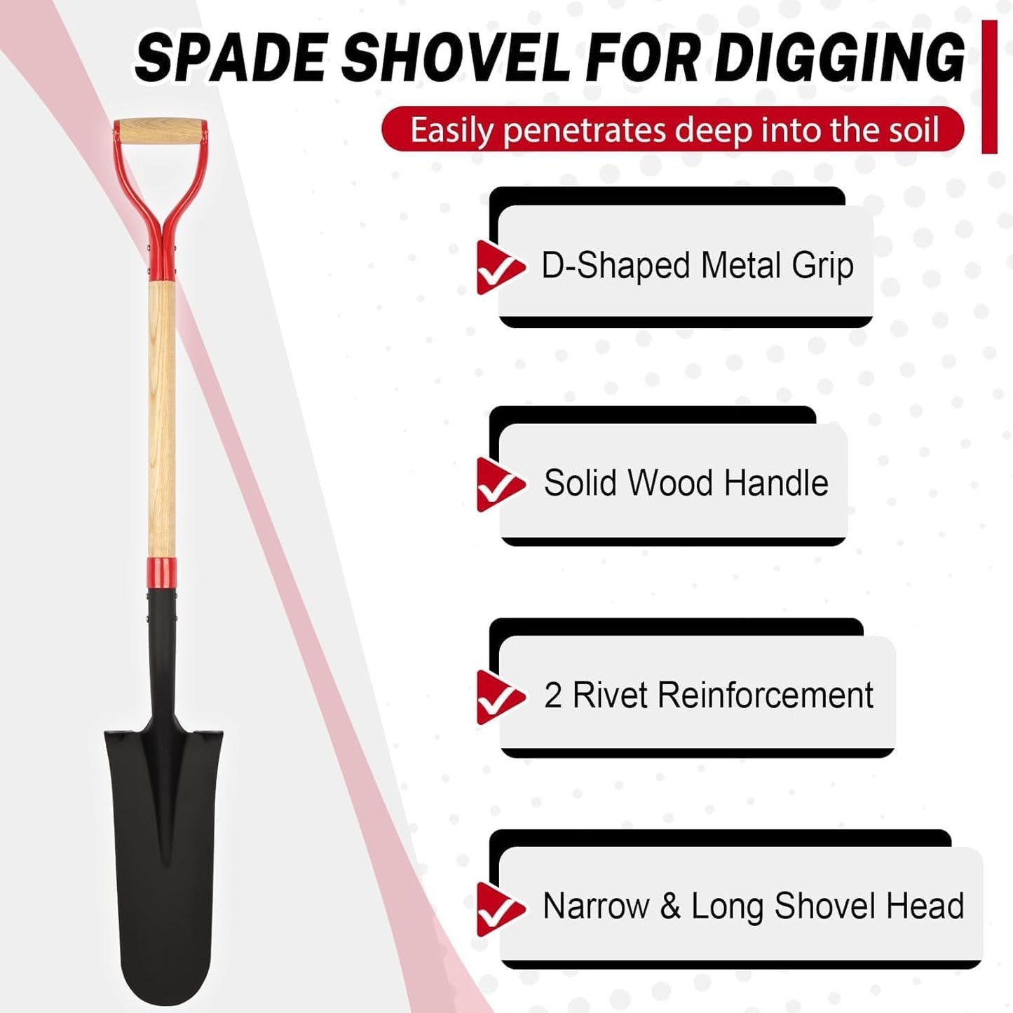 Drain Spade Shovel, Garden Drain Spade, Trenching Shovel, Woode D-Handle, Steel Y-Grip, 45 Inch Spade for Digging Transplanting & Edging (Red)
