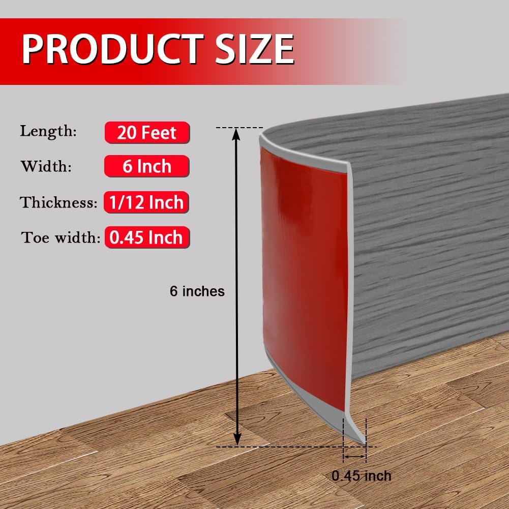 Vinyl Wall Base Baseboard Molding Trim 6" Flexible Self Adhesive Rubber Wall Base Moulding Trim Peel and Stick Design, 6 Inch x 20 Feet, Medium Grey Wood