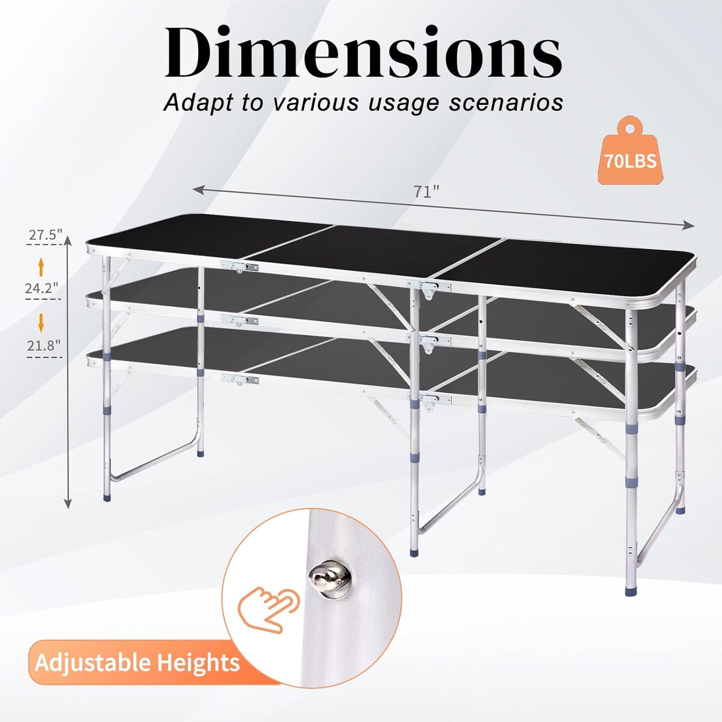 6.0 Ft Folding Portable Camping Table with Three Adjustable Heights, Tri-fold Outdoor Table, Outdoor Camping Kitchen, BBQ, Picnic, Cooking, Beach, Garden, Party, Black