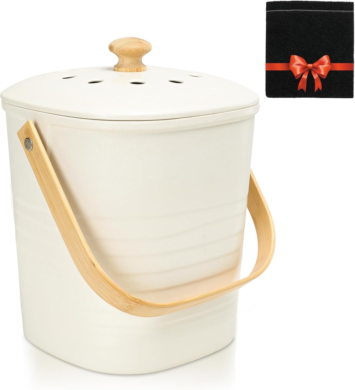 Vipush Bamboo Fiber Compost Bin with Lid Small Countertop Compost Bin Includes Charcoal Filter, Beige