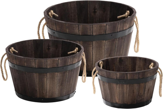 IDZO Set of 3 Wooden Flower Boxes Outdoor, Durable Acacia Wood Barrel Planters for Outdoor Plants with Ergonomic Handles, Drainage Holes, Multiple Sizes Wood Bucket Planter for Home Décor