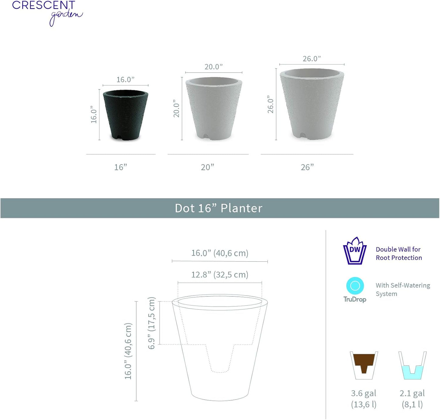 Crescent Garden Dot TruDrop Indoor/Outdoor Planter, Self-Watering Plant Pot, 16 Inches, (Old Bronze)