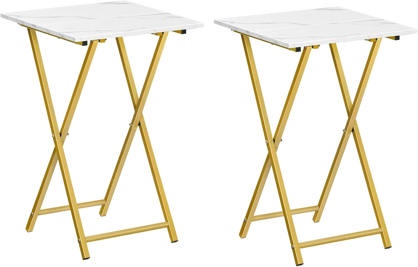HOOBRO Folding TV Tray Tables, Set of 2 Wooden TV Tray, Portable Sofa Side Table, Industrial Snack Table End Table for Small Spaces, Space-Saving, Easy to Install and Fold, Marble and Gold DM27BZP201