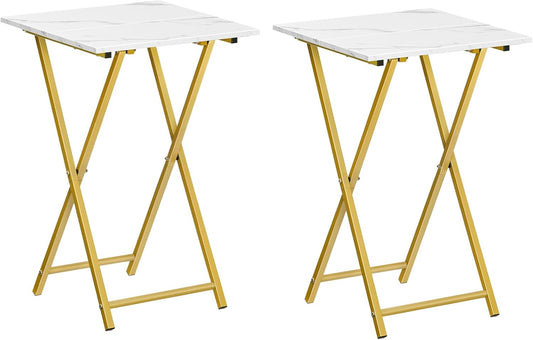 HOOBRO Folding TV Tray Tables, Set of 2 Wooden TV Tray, Portable Sofa Side Table, Industrial Snack Table End Table for Small Spaces, Space-Saving, Easy to Install and Fold, Marble and Gold DM27BZP201