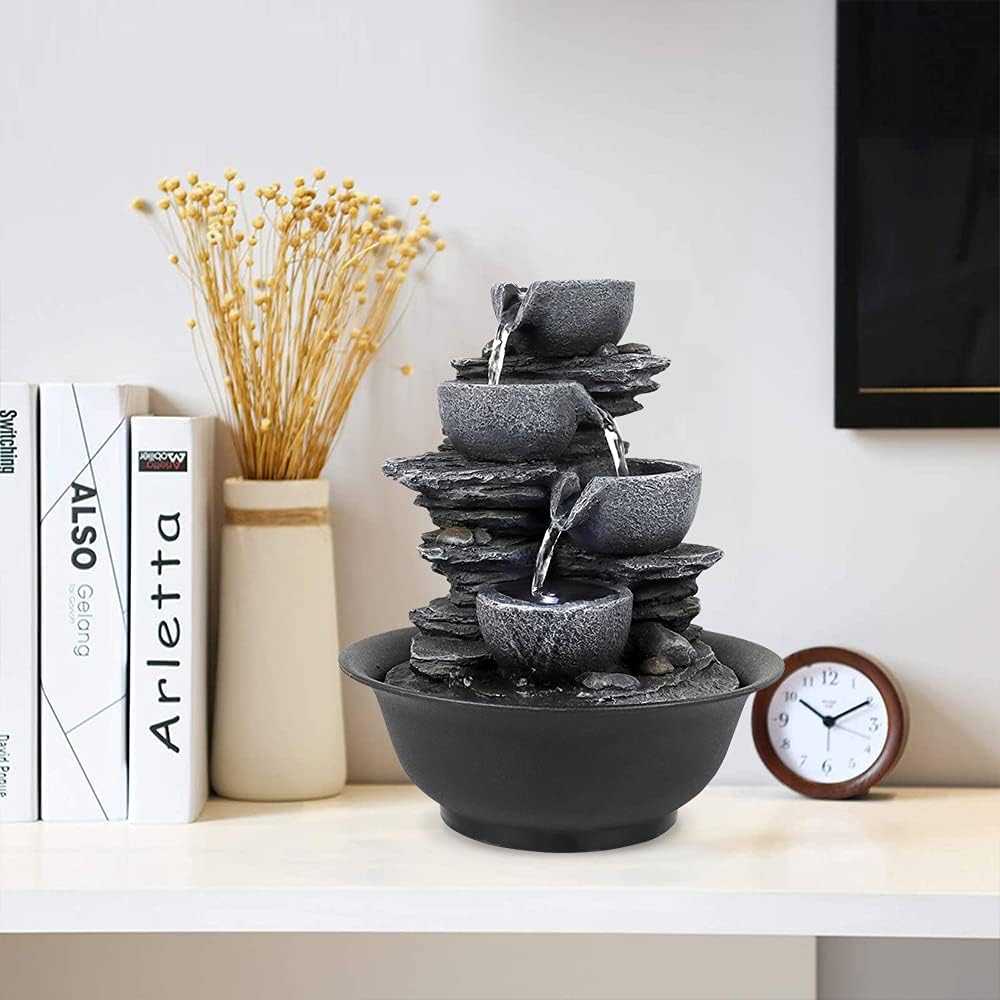 10.6” High Cascading Tabletop Fountain w/LED Light - 4-Tier Bowls Rock Water Fountains Indoor Small Relaxation Waterfall Feature for Home, Office and End Table Decoration (10.6" high, Gray)
