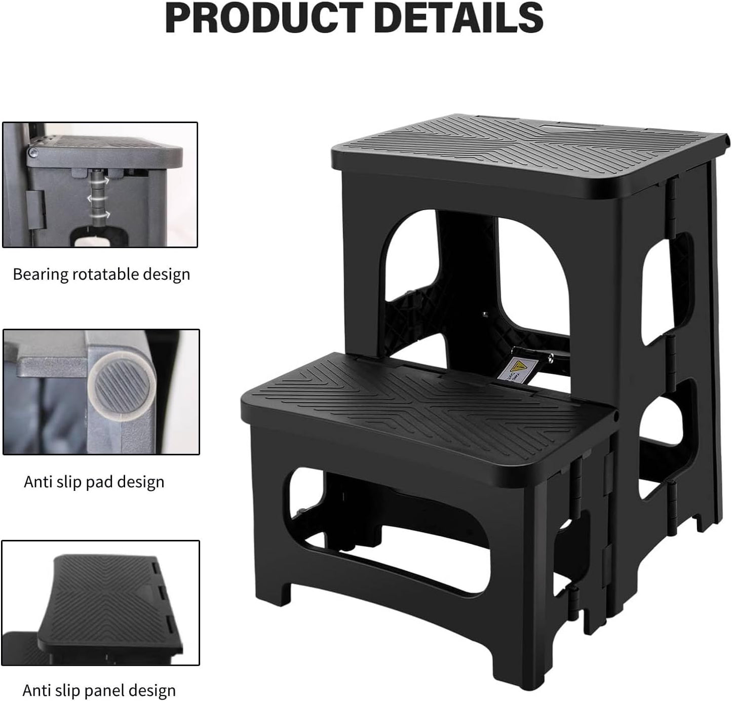 2-Step Folding Stool, Non-Slip Folding Step Stool Plastic Steps Ladder, Portable Bedside Step Stool, Hold up to 300 lbs, Lightweight & Foldable Step Ladder for Kitchen Toilet Office Home RV-Black