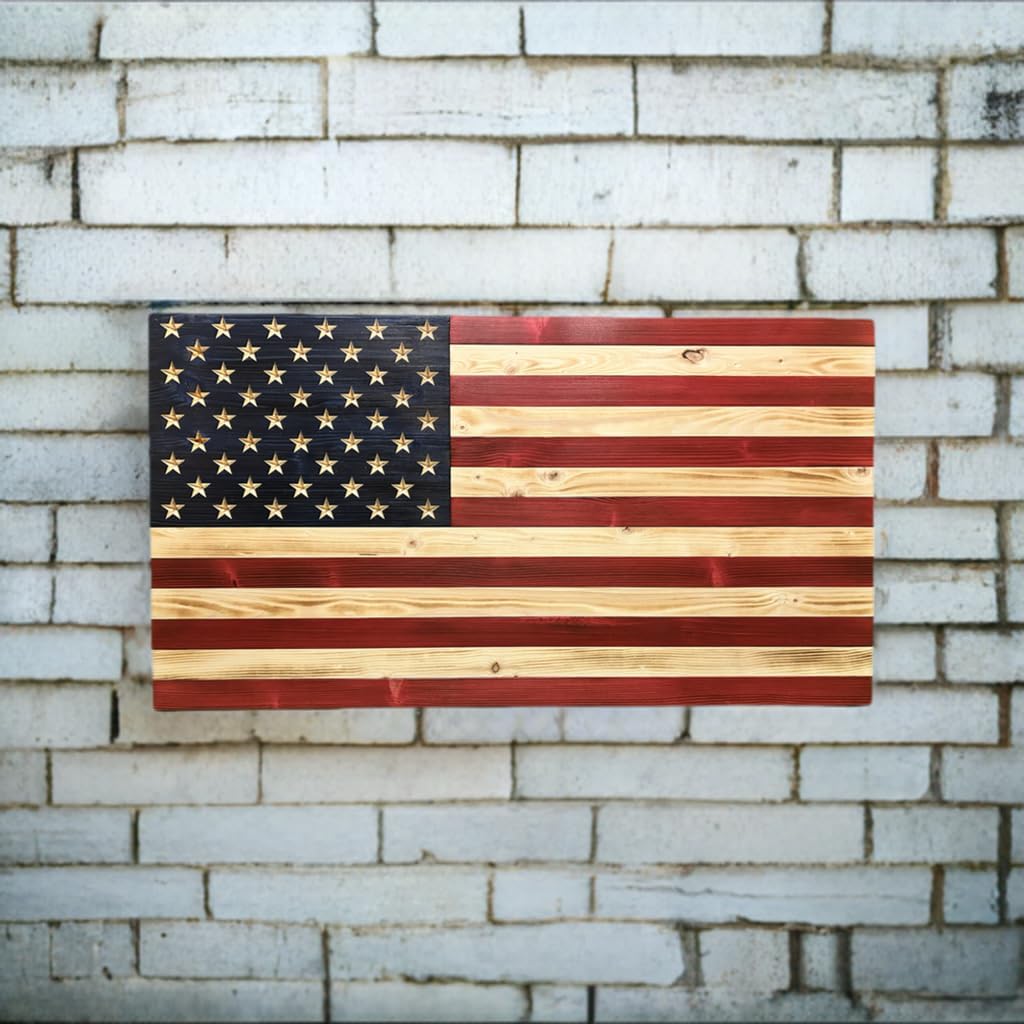 Rustic Wooden American Flag, Patriotic Wall Art (Natural Finish, 30.5x57.5)