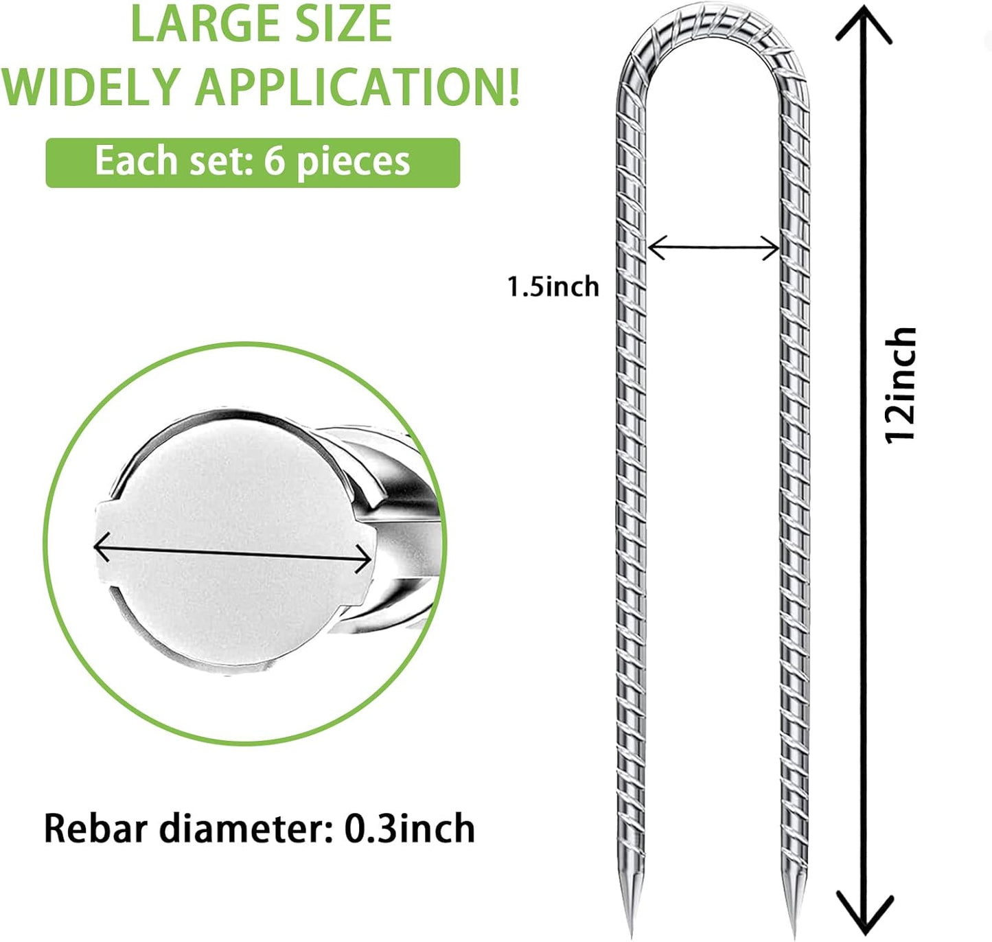 Rebar-Stakes-12-Inch-U-Shaped, Trampoline Stakes High Wind Ground Stakes Heavy Duty Galvanized Anti-Rust Metal Stakes Ground Anchors for Garden Dog Fence Chicken Coop Water Pipe 6pcs