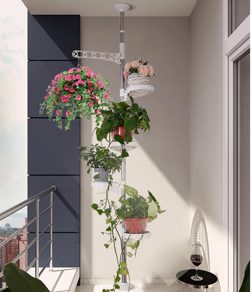 Hershii 5-Layer Indoor Plant Pole Spring Tension Rod Corner Flower Display Rack Adjustable Plant Pot Stand Holder Telescopic Floor to Ceiling Shelf Space Saving - Ivory