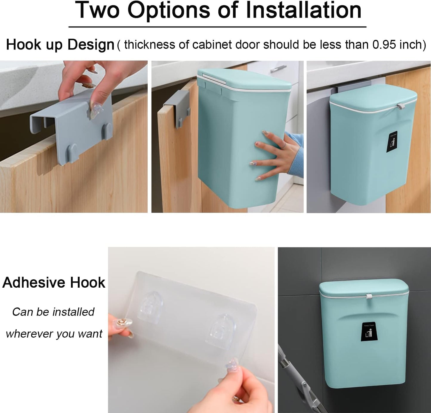 Tiyafuro 2.4 Gallon Kitchen Compost Bin for Counter Top or Under Sink, Hanging Small Trash Can with Lid for Cupboard/Bathroom/Bedroom/Office/Camping, Mountable Indoor Compost Bucket (Blue)