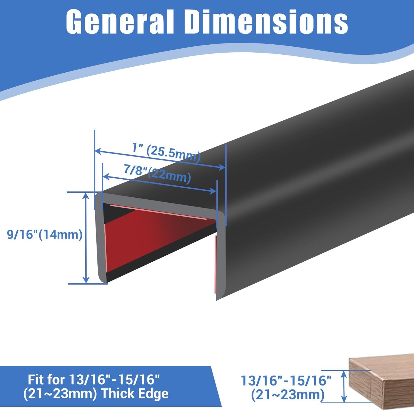 Rubber Edge Trim, Self-Adhesive U Channel Edge Protector for Plywood, Cabinet, 7/8" Wood Edge Banding, Flexible Furniture Repair, EPDM Material, Fit 7/8"(22mm), Length 10Ft, Black