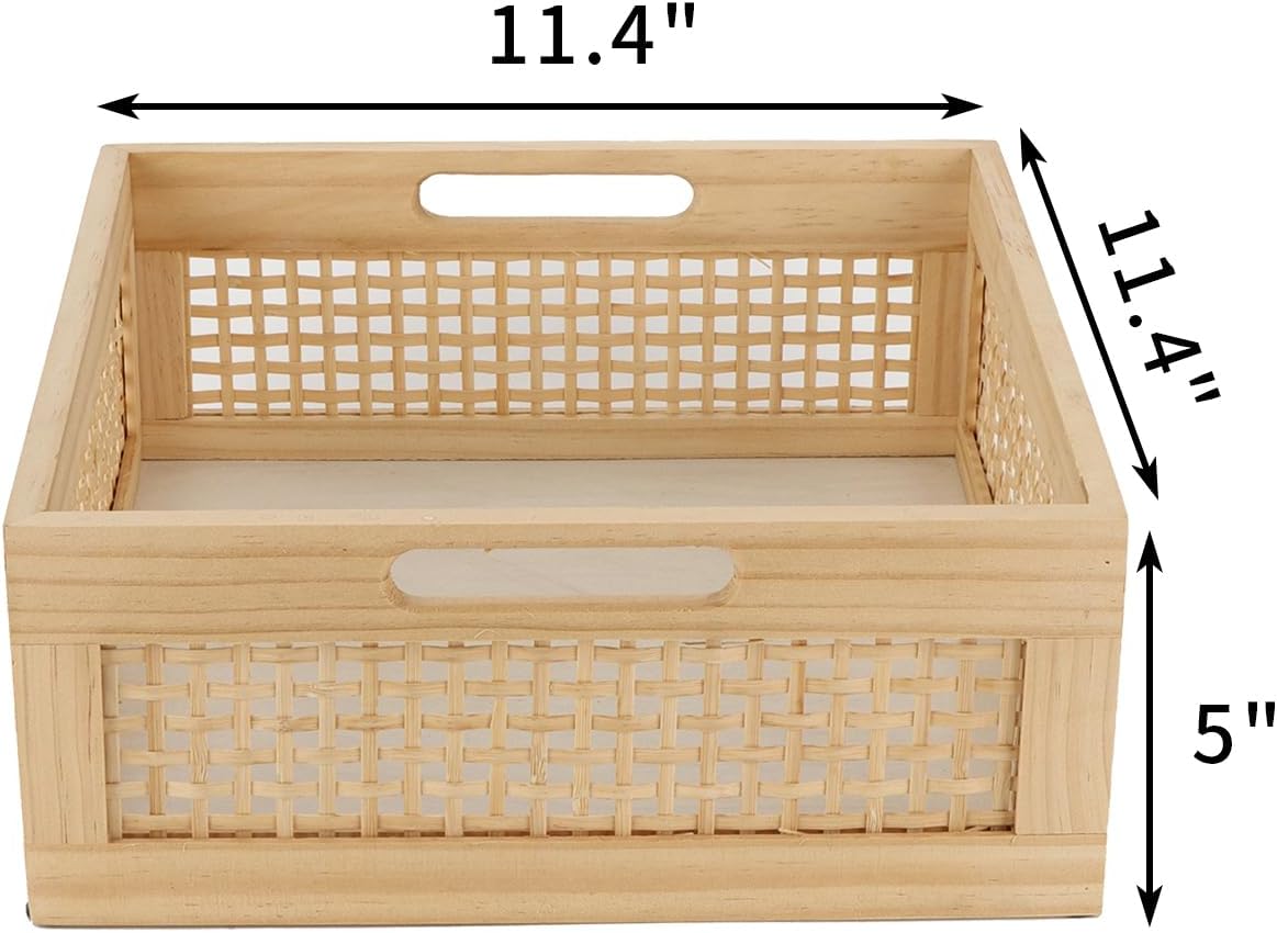 YRMT Wood Storage Crate Basket Rustic Wooden Storage Container for Organizing Decorative Bamboo Box with Handles for Pantry, Shelves Organizer 11.4" x 11.4" x 5" (Natural)