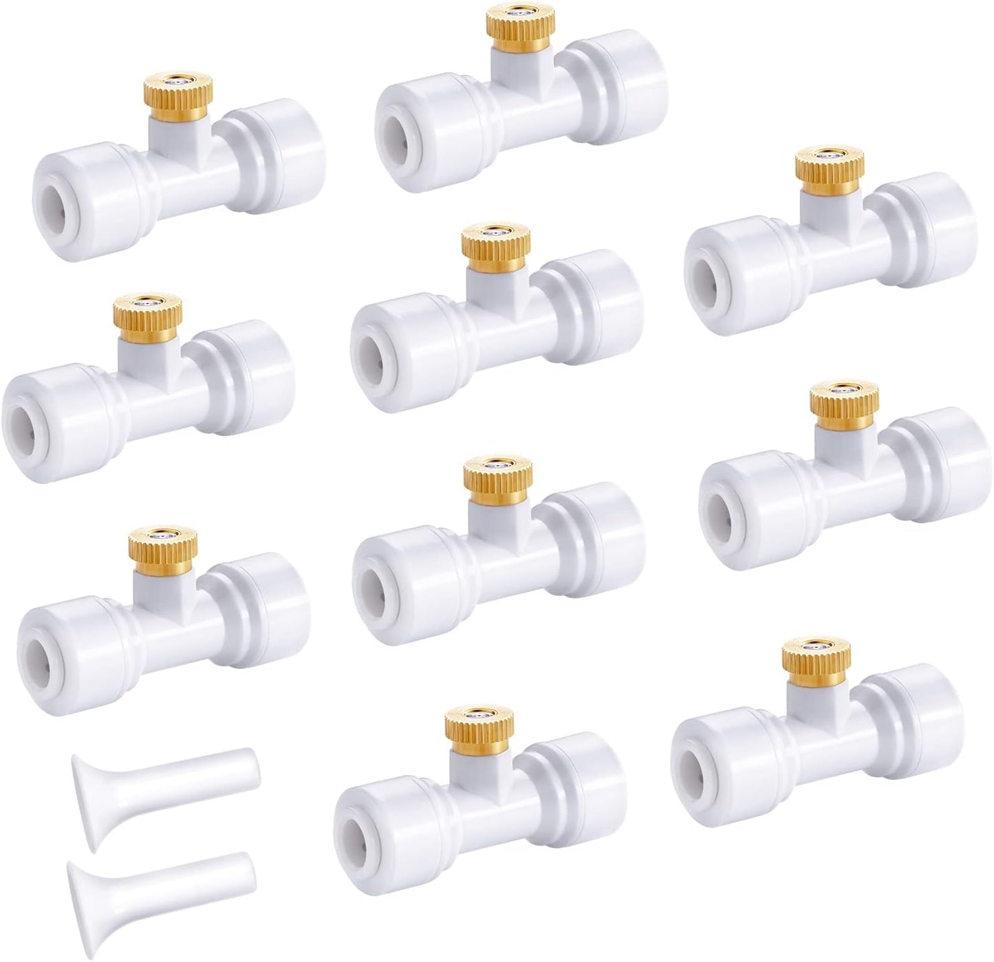 HOMENOTE 10 Pack Brass Misting Nozzles for Outdoor Cooling System, Mister Replacement Nozzles Tee and Plugs for 1/4" Tubing