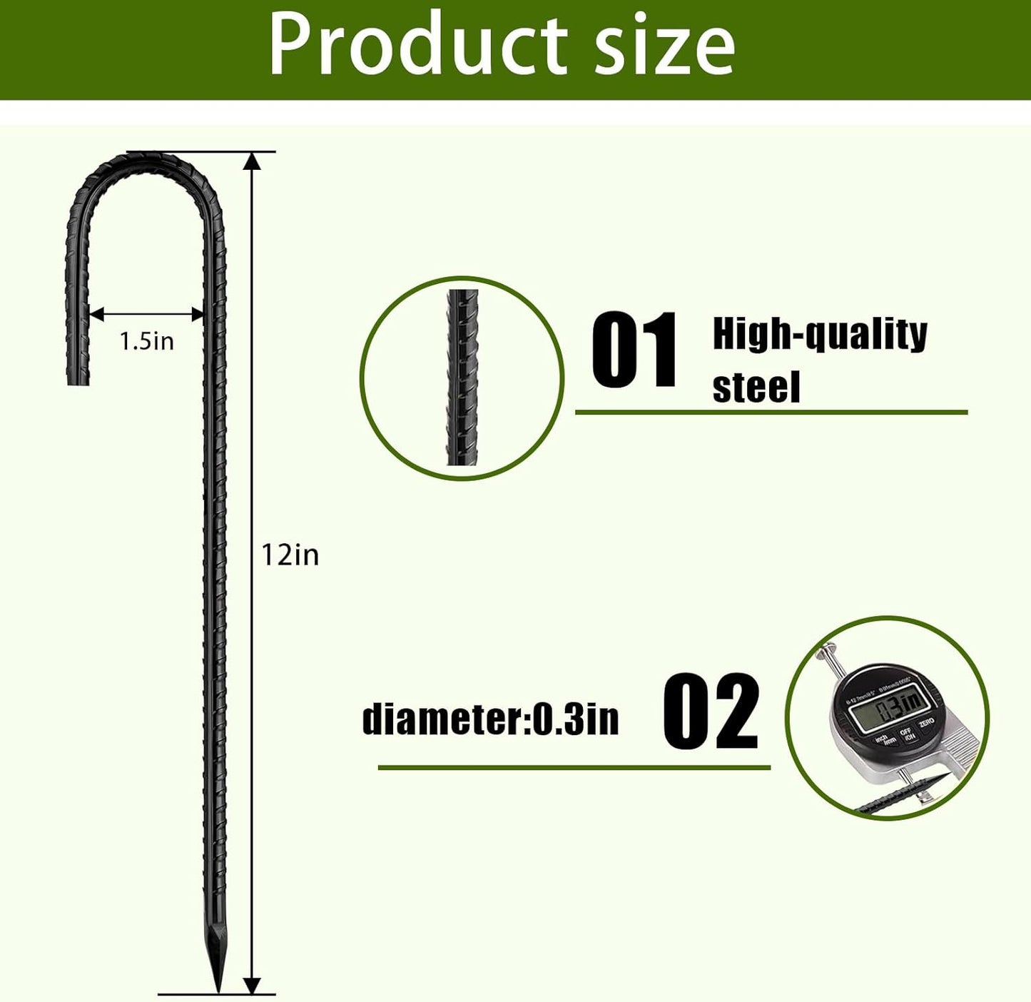 Rebar Stakes 12 Inch, Ground Stakes Heavy Duty J-Hook Black Coated Anti-Rust Heavy Duty Ground Anchors for Garden Dog Fence Chicken Coop Christmas Decorations Deer Fence 15pcs