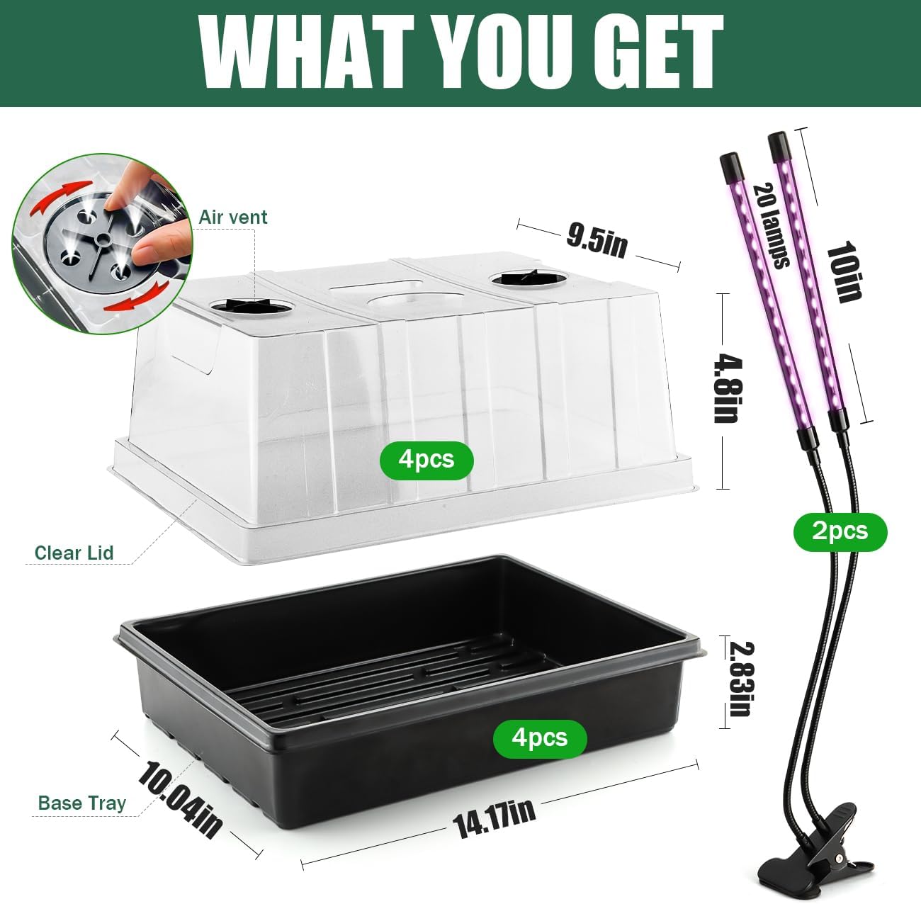 Seed Starter Tray with Grow Lights – 4 Pack Seedling Trays with 5" Humidity Domes & 4 LED Light Heads, Adjustable Timer, Full Spectrum for Indoor Germination, Herbs, Vegetables, Flowers