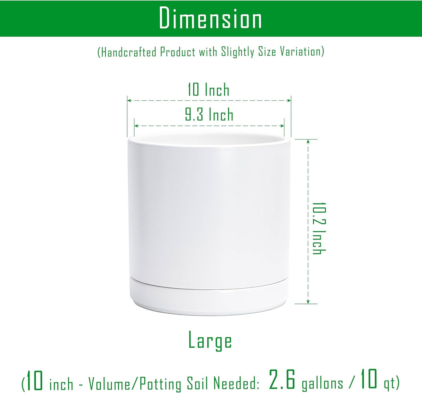 D'vine Dev 10 Inch Ceramic Planter Pot with Drainage Hole and Saucer, Indoor Cylinder Round Planter Pot, White, 94-O-E-1