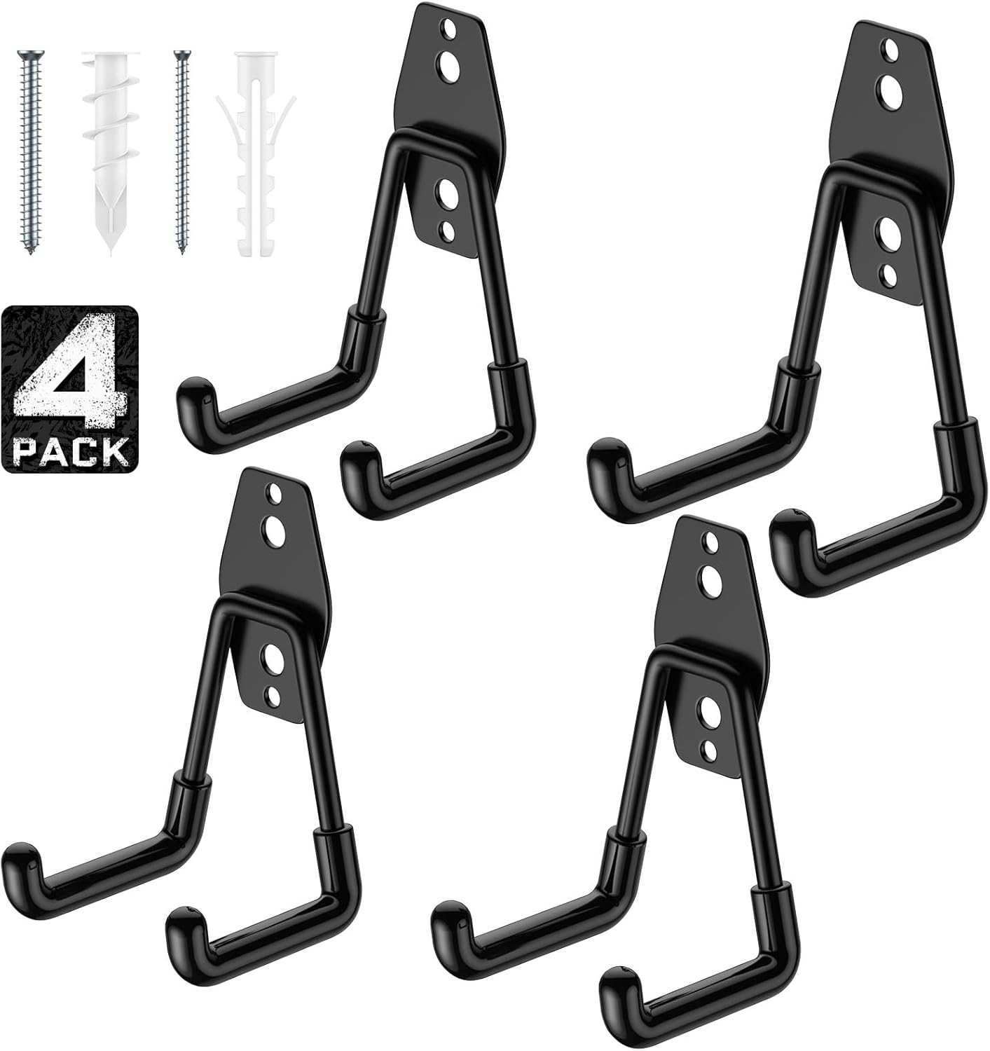 Utility Steel Wall Mount Heavy Duty Garage Hooks with Anti-Slip Coating,Storage More Yard,Garden and Power Tools and for Hanging Hose,Ladder and Bike(4 Pack 4.5x2.75 inch)