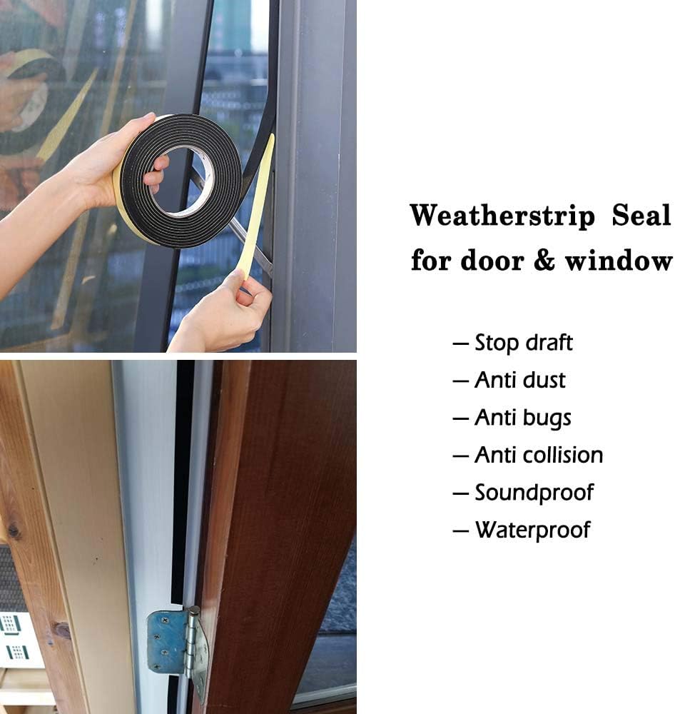 Weather Stripping for Doors -1" W x 1/4" T- Black Foam Seal Tape for Sliding Door Jamb, Front Door Frame Windows Insulation