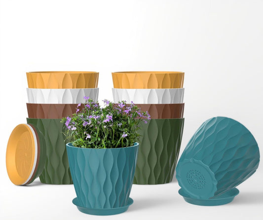 10 Pack 5 Inch Plant Pots with Drainage and Saucers, Multicolour Plastic Flower Pots for Indoor and Outdoor Plants, Stackable Nursery Planters for Houseplants and Herbs, Multicolour