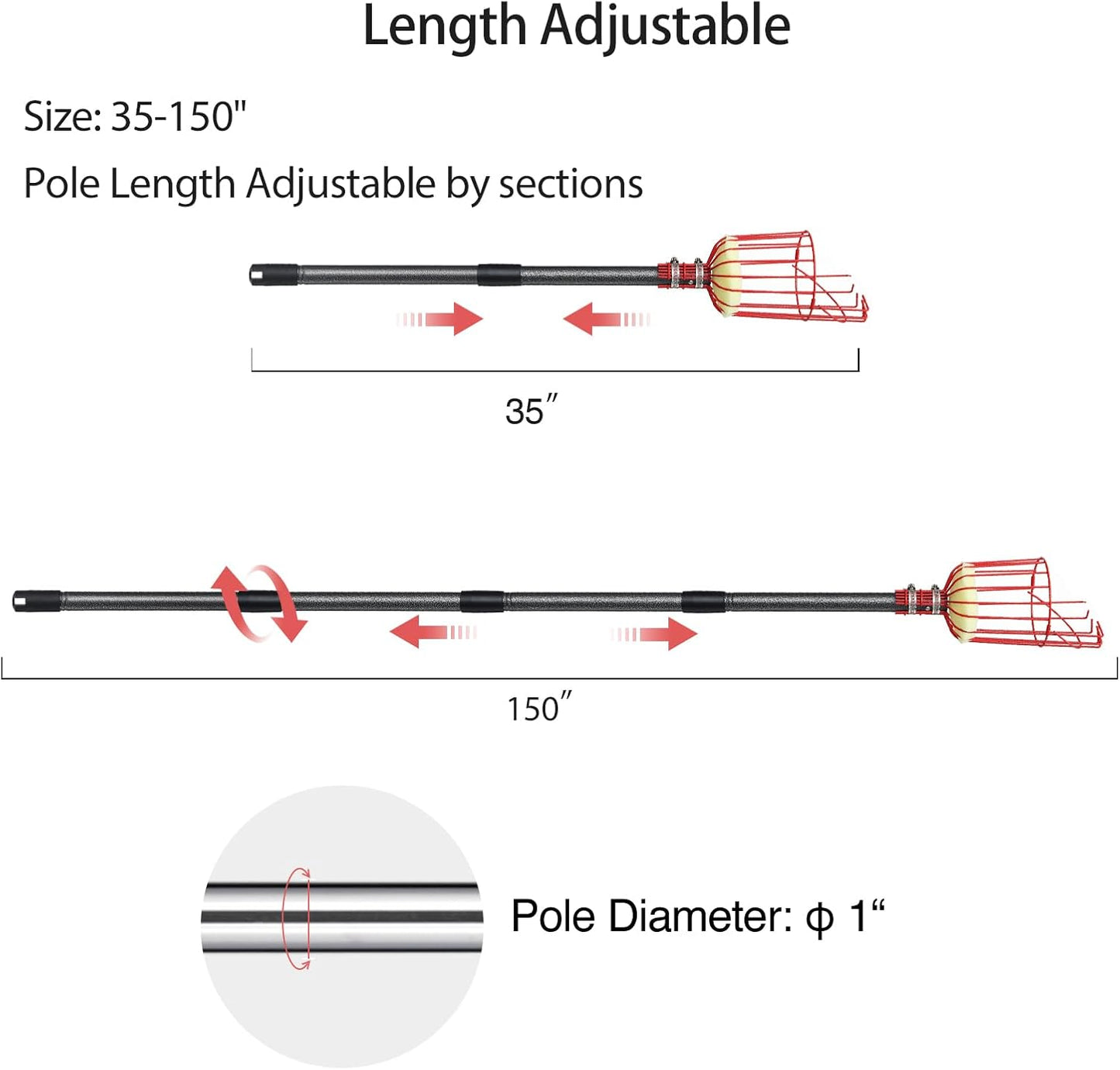 DonSail Fruit Picker Pole with Basket Telescoping, Citrus Orange Picker Pole with Basket 35-150 inch Long Handle, Mango Avocado Fig Acorn Pear Pomelo Chery Lemon Picker for Tree