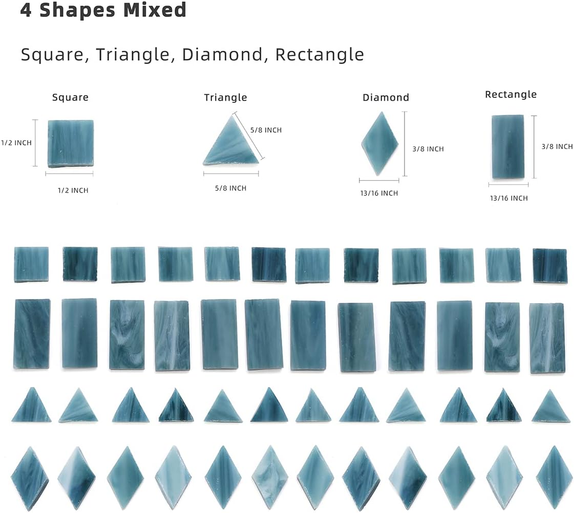 Lanyani Glass Mosaic Tiles - Mixed Colorful Shapes (Square, Rectangle, Diamond, Triangle) - 200 Pieces - Grey