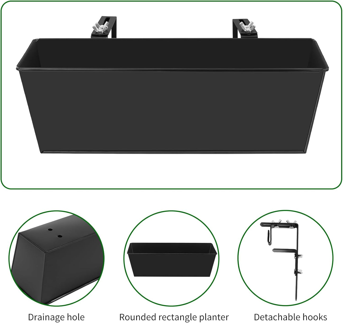 Railing Planter for Outdoor Plants 16 Inch Metal Rectangular Window Boxes with Adjustable Brackets and Drainage Hanging Flower Pots for Balcony Deck Railings Apartment Patio Decor Black(4PCS)
