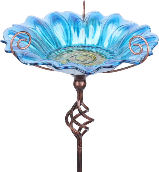MUMTOP Bird Baths for Outdoors, Outdoor Bird Bath,Glass Birdbath Sunflower Bird Feeders Bowl with Stake for Garden Yard Decor (Blue)