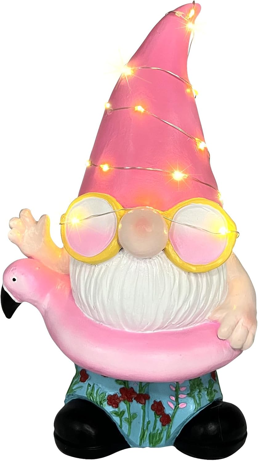 BAYN Garden Gnome Statues Outdoor Decor, Solar Powered Outdoor Gnome with Flamingo Swimming Decorative Yard Garden Lights Art Gifts with 11 Warm White LEDs