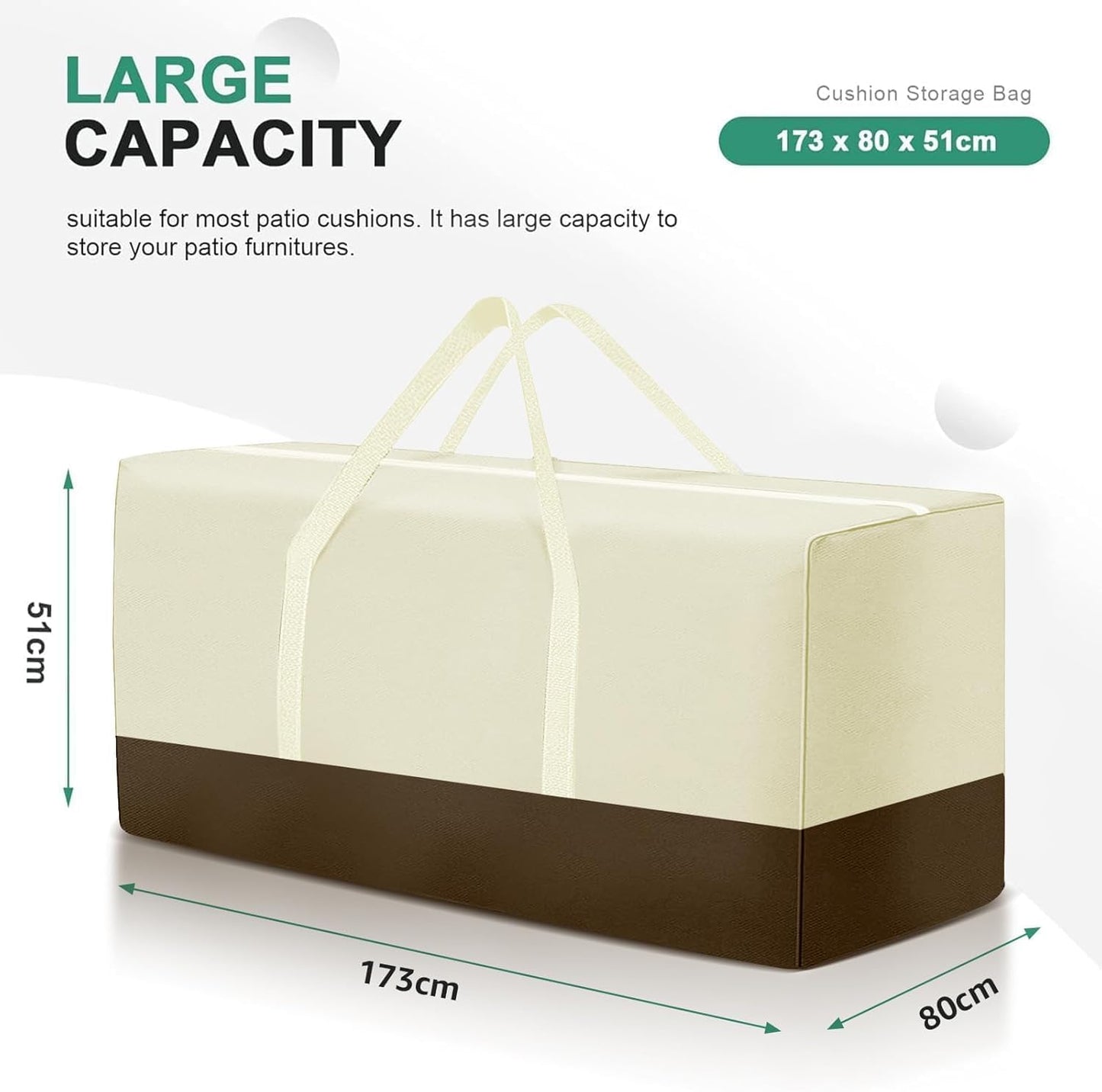 Extra Large Patio Outdoor Waterproof Cushion Storage Bag, Outdoor Cushion Furniture Storage Bag with Handles and Zippered 68 x 30 x 20 Inch, Beige